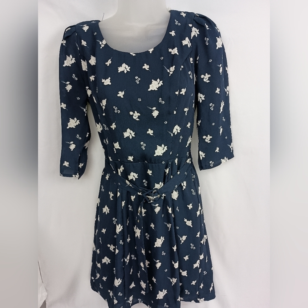 TRIXXI Y2K Office Work S Floral Navy Blue‎ Dress with Belt (#102)